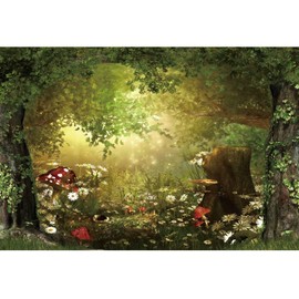Fairy Tale Forest Wonderland Backdrops for Photography Vinyl 7x5ft Green Trees Wildflowers Daisy Mushroom Scenery Photo Background Portrait Kid Boy Girl Photoshoot Studio Prop Party Decor