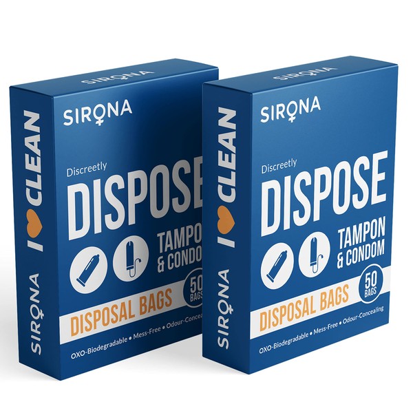 Sirona Condom and Tampon Disposal Bags - 50 Bags | for Discreet Disposal of Tampons and Condoms | Bathroom Trash Bag (Pack of 2))