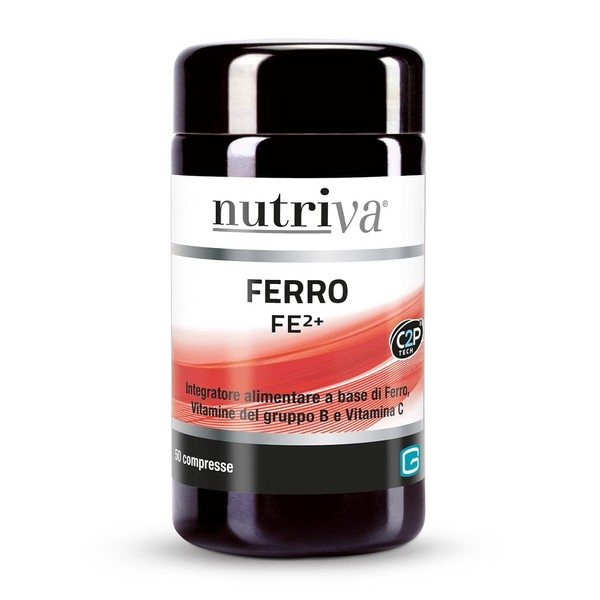 Nutriva Ferro FE²⁺, Integratore Alimentare a base di Ferro, Vitamine del gruppo B, Acido folico e Vitamina C. Reintegra il Ferro. Supporta la formazione di globuli rossi ed emoglobina. C2P® Tech