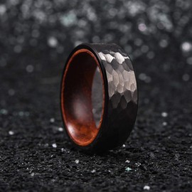 King Will 8mm Mens Black Tungsten Carbide Ring Inner Hole Inlaid Wood Hammered Texture Flat 10