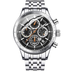 SAPPHERO Watches Men's Chronograph Men's Watches Analogue Quartz 50M Waterproof Casual Business Watch Stylish Design Elegant Gift, black silver, Bracelet