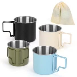 Ftabernam 4 Pack Stainless Steel Camping Cups with Foldable Handle, 14.8oz Portable Cups for Coffee & Travel, Dishwasher Safe - Perfect for Picnic, Hiking, Office (4 Colors)