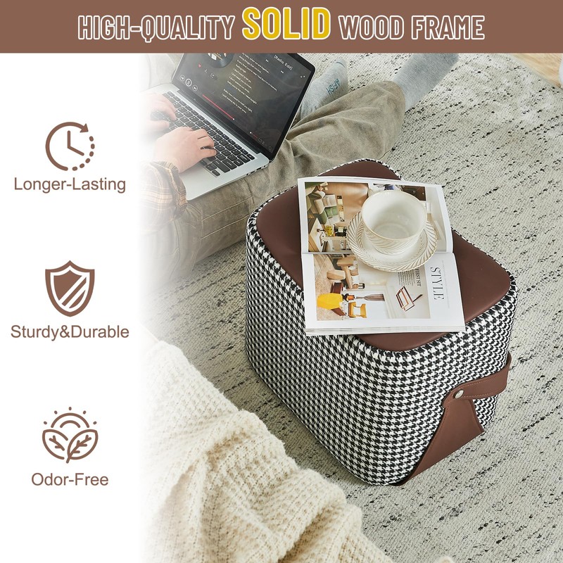 Uniclinens Small Leather Ottoman Footrest with Handle, Brown Foot Stools,