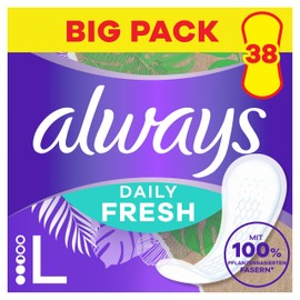 Always Daily Fresh Pantiliners Long with 100% Plant-Based Fibres, Pack of 38, Unscented, Up to 12 Hours Protection, Unscented
