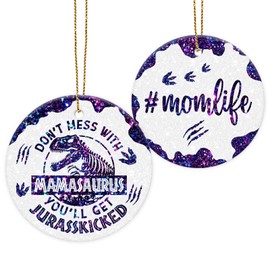 34HD Funny Mom Dinosaur Ornament Ceramic for Mom, Dinosaur Lover Ornament for Women, Cute Dino Lover Keepsake, Holiday Tree Decoration