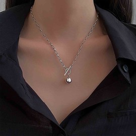 Allereya Geometric Silver Ball Pendant Necklace Short Paper Clip Necklace Punk Oval Link Chain Necklace Geometric Rectangle Chain Necklace Toggle Necklace Jewelry for Women and Girls (Silver)