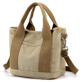 Manukori Women's Small Canvas Tote Bag with Compartments, Handbag, Shoulder Bag, Stylish, Cute, Lightweight, for Travel and Commuting, Stands Upright, Khaki, M