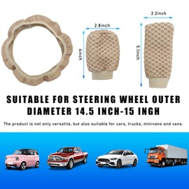 Sylvil 3 PCS Car Gear Shift Knob Cover & Handbrake Cover & Steering Wheel Cover, Anti-Slip Breathable Comfortable Handbrake Gear Shift and Steering Wheel Protector (Beige)