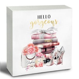 Coquette Room Decor, Hello Gorgeous Wooden Box Sign, Pink and Black Room Decor, Beauty Room Decor, Girly Room Decor, Pink Girly Wood Signs for Home Dorm Apartment Desk Table Shelf Decor, 5x5 Inch