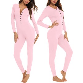 LecGee Womens Pajama jumpsuits One Piece Sleepwear Button bodysuit Modal Underwear Set Long Sleeve Union Suit Pink Large