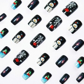 Christmas Press on Nails Silver Glitter Acrylic Fake Nails Cute Snowman Stick on Nail with Snowflake Xmas Red Berry Design Full Cover Christmas Glue on False Nails for Women Girls 24 Pcs