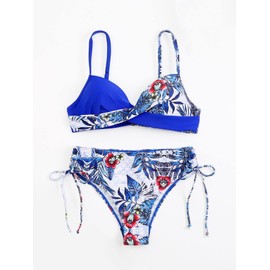 WDIRARA Traje de baño de bikini con estampado floral tropical para mujer, Azul (Tropical Blue), S