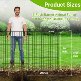 5 Panels No Dig Decorative Outdoor Garden Fence for Yard, 40 in(H) X 11.8 ft(L) Animal Barrier Fencing Rustproof Metal Wire Panel Border for Dog, Rabbits, and Patio Temporary Ground Stakes