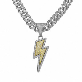 Bling Lightning Bolt CZ Iced Out Necklace for Men,Fake Diamond Thick Cuban Link Chain Rapper Hip Hop Custume Jewelry 18K Gold/Platinum Plated with Sparkly Lightning Charms, Large, Stainless Steel,