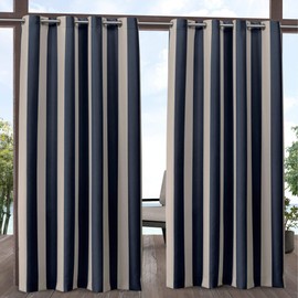 Exclusive Home Curtains Canopy Stripe Indoor/Outdoor Grommet Top Curtain Panel Pair, 54x108, Navy/Sand