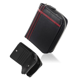 Daylight dl-1042 Men's Bi-fold Wallet, PU Leather, W-Line, Round Zipper, Compact, multicolor (black / red)