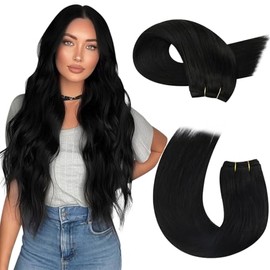 Moresoo Genius Weft Hair Extensions Human Hair Black Remy Hand Tied Sew in Hair Extensions Real Human Hair Jet Black 60g 20inch