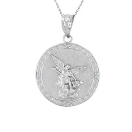 .925 Sterling Silver Saint Michael The Archangel Cubic Zirconia Medal Pendant (1"), 22"