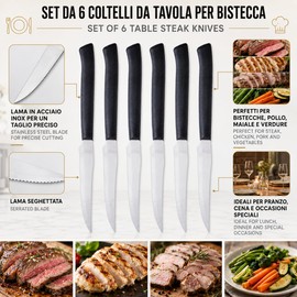 IPEA Coltelli da Tavola per Bistecca e Carne - Set da 6 - Coltello Affilati con Lama Seghettatata in Acciaio Inox per Tagliare Carne e Alimenti a Pranzo e Cena - Posate - Coltelli per Casa e Cucina