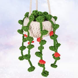 Nisso Cute Potted Plants Crochet Car Mirror Hanging Accessories, Car Rearview Mirror Decor for Women Men Handmade Knitted Rear View Mirror Accessories Car Interior (Red)