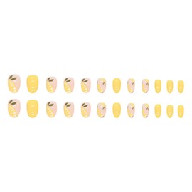 Press on Nails Short Round SWEKKE Summer Fake Nails Yellow Lemon Full Cover Glue on Nails Glossy False Nails with Nail Glue Stick on Nails Artificial Acrylic Nails for Women Girls 24 Pcs