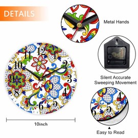 Mxocom Mexican Flowers Wall Clock Ethnic Tribal Talavera Ceramic Pattern 10 Inch Silent Non Ticking Battery Operated Clock Vintage Round Clock for Living Room Bedroom Bathroom Office Decor