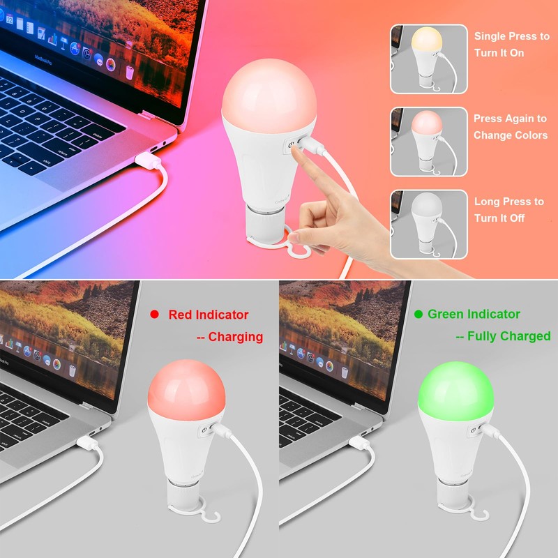 2 Pack 5200mAh Rechargeable Light Bulbs with Remote E26 Battery