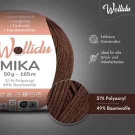 Wollidu Mika 51% Polyacrylic, 49% Cotton for Crochet and Knitting, 10 x 50 g/165 m, Oeko-Tex Knitting Yarn, Crochet Yarn - Dark Brown