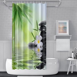 SDOTPMT 122 x 183 cm Water Spa Shower Curtain Green Bamboo Leaves Orchid Blossom Natural Bath Curtain Zen Meditation Basalt Stones Flowers Bath Curtain for Children Bathroom Polyester with Hooks