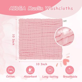 AIDEA AIDEA Baby Washcloths and Burp Cloths, Absorbent Cotton Muslin Baby Towels, Large Soft Breathable Newborn Essentials for Boys and Girls, Newborn Essentials, 10 Pack, 10"x10"