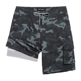 MaaMgic Mens Swim Trunks 9'' Compression Liner 2 in 1 Cargo Shorts Quick Dry Bathing Suit with Pockets,Camo Grey,Small