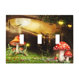Mushroom Forest Moon Butterfly Light Switch Cover Plates 3 Gang Triple Toggle Wall Plate Decorative Electrical Faceplate for Bathroom Bedroom Home Decor Accessories 6.7" x 4.8"