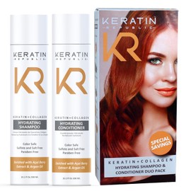Keratin Republic Anti Frizz Shampoo & Conditioner DUO – Keratin + Collagen, Sulfate Free, Hydrating, Color Safe, Salt & Paraben Free (2 x 10.1 oz Bottles)