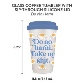 Studio Oh! New Glass Coffee Tumbler with Sip-Through Silicone Lid, Reusable Coffee Cup Glass Bottle Eco Friendly, Shatter-Resistant, Aesthetic Tumbler with Silicone Coating, Do No Harm Design