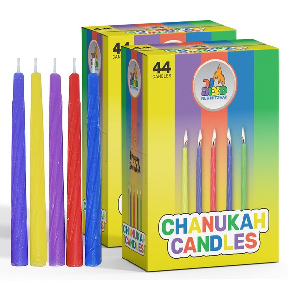 2-Pack Colorful Chanukah Candles - Standard Size Fits Most Menorahs - Premium Quality Wax - Assorted Colors - 2 x 44 Count For All 8 Nights of Hanukkah - by Ner Mitzvah