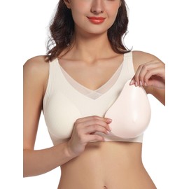 Women's Mastectomy Bras with Pockets Everyday Bra for Post Surgery Bra Included 1 Pair Removable Chest Pads-Beige L