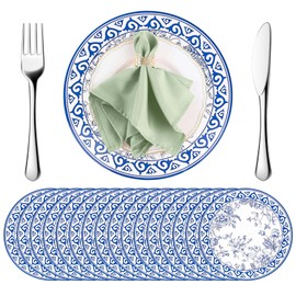 ALEXPRE 100 Pcs 13 Inch Floral Paper Placemats Chinoiserie Disposable Place Mats Round Blue Flower Table Mats for Dinner Table Setting Birthday Wedding Banquet Party Supplies (100 Pcs, Blue)