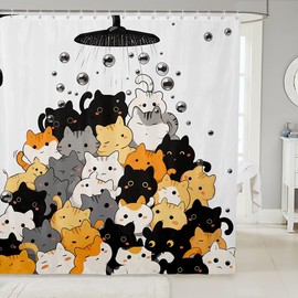Feelyou Cat Shower Curtain 72"x72" Cute Bathroom Shower Curtain Set for Boys Girls Teens Funny Animal Theme Bath Curtain Off-White Kids Bathroom Accessories Small Animall