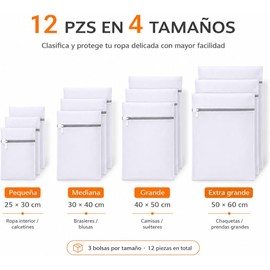 Bolsas para Lavar Ropa, 12 Piezas con Cremallera, 4 Tamaños