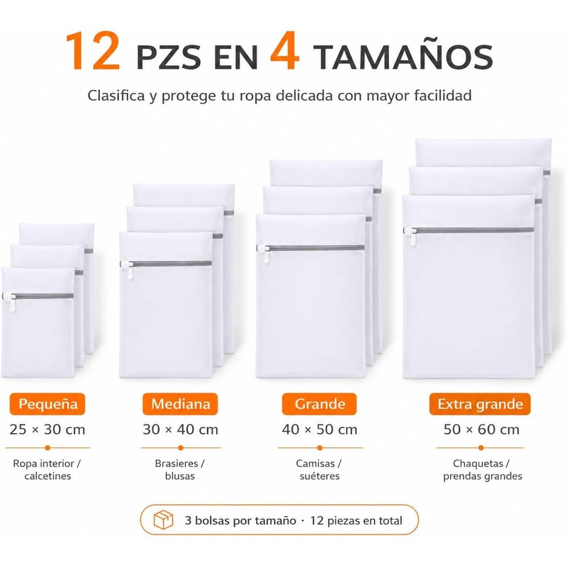 Bolsas para Lavar Ropa, 12 Piezas con Cremallera, 4 Tamaños