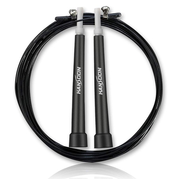 KANSOON Speed Jump Rope with Advanced Ball Bearing System, Aluminum Handles, 10’ Adjustable Wire Cable, for Boxing Cardio HIIT Workouts and Home Gym Fitness Exercise (Steel, Black)