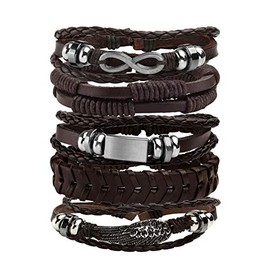 MILAKOO Pack of 5 Braided Leather Bracelets for Men and Women, Woven Cuff, Adjustable Bracelet, Base Metal, B-brown