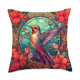 Unique Stained Glass Hummingbird Gifts For Women Colorful Stained Glass Decor for Women with Cute Hummingbird Throw Pillow, 18x18, Multicolor