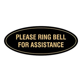 Signs ByLITA Oval Please Ring Bell for Assistance Sign (Black/Gold) - Small