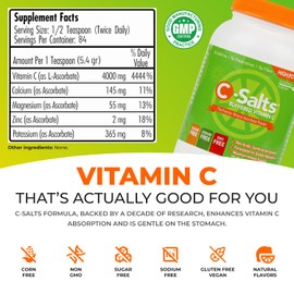 C-Salts Original Vitamin C Powder Supplement - 100% Pure High Dose Buffered Vitamin C Powder for Immune Support - Sugar-Free Powdered Drink Ascorbate, Organic, Stomach-Friendly, Original 8oz
