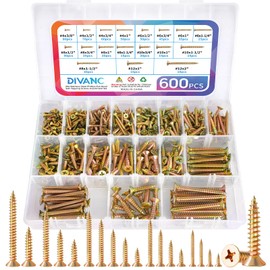 DIVANC 600Pcs Stainless Steel Zinc Plated Wood Screws Assortment Kit, #4#6#8#10#12 Phillips Flat Head Sheet Metal Screws Self Tapping Screws Set,Length 3/8" to 2" (Yellow-Flat Head 600PCS)