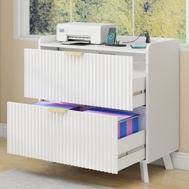 Lateral File Cabinet with Charging Station, Modern Fluted 2 Drawer File Cabinet for Letter/Legal/A4 Size Hanging Files, Large Wood File Storage Cabinets Printer Stand for Home Office, White