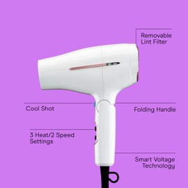 Conair Double Ceramic Travel Dryer with Concentrator & Folding Handle, 1875W Travel Blow Dryer with Smart Voltage Technology, Ionic Conditioning Fights Frizz, 3 Heat & 2 Speed Settings, White