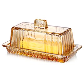 kanpura Glass Butter Dish with Lid, Covered Butter Stick Holder Tray for Fridge Kitchen Countertop, Holds 1 Stick, Dishwasher Safe(Champagne)