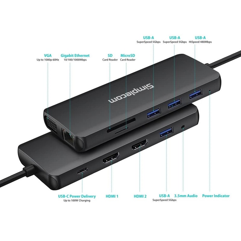Simplecom CHN612 USB-C 12-in-1 Multiport Docking Station Dual HDMI +